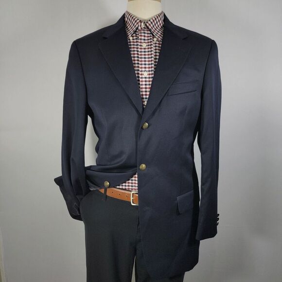 Cianni Men's Sport Coat Blazer Three Bronze Button Deep Navy‎ Twill Wool 40L - Picture 1 of 16